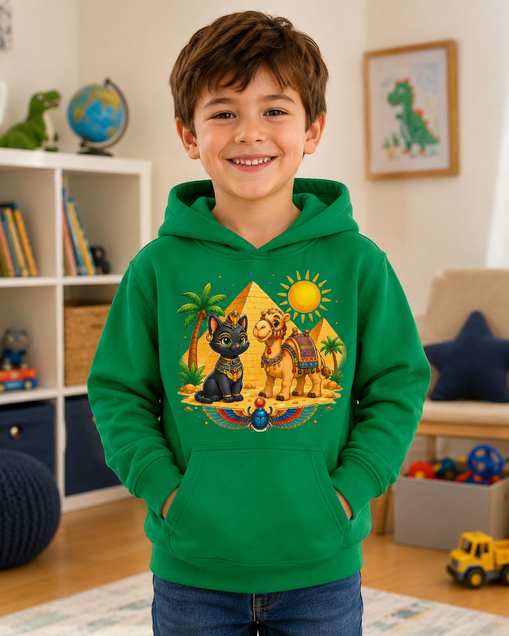 Egyptian Cats with Camel Kids Hoodie | Pyramid, Palm Trees, Sun