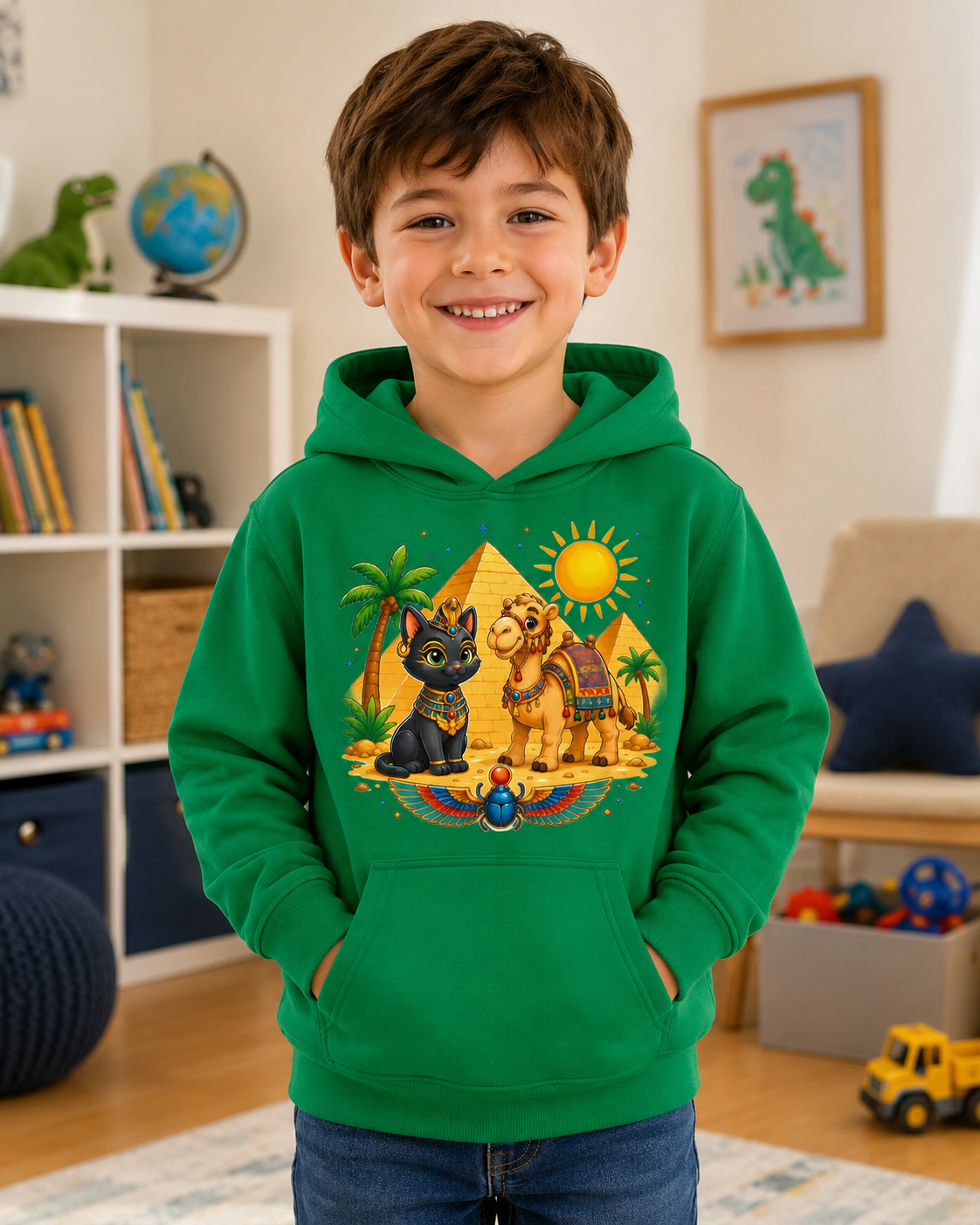 Egyptian Cats with Camel Kids Hoodie | Pyramid, Palm Trees, Sun