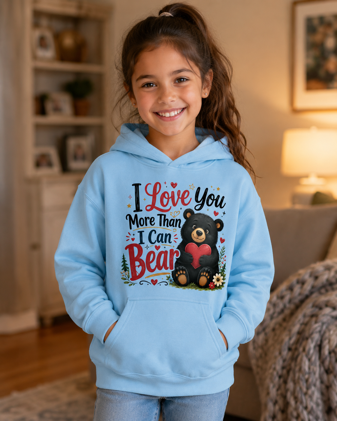 Kids Hoodie — "I Love You More Than I Can Bear" Cute Bear Valentine Design