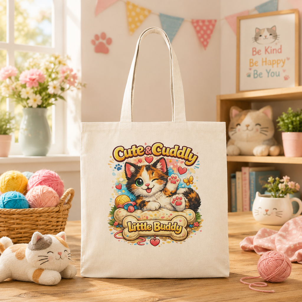 Cute & Cuddly Kitten Tote Bag – "Little Buddy" Cotton Shopper