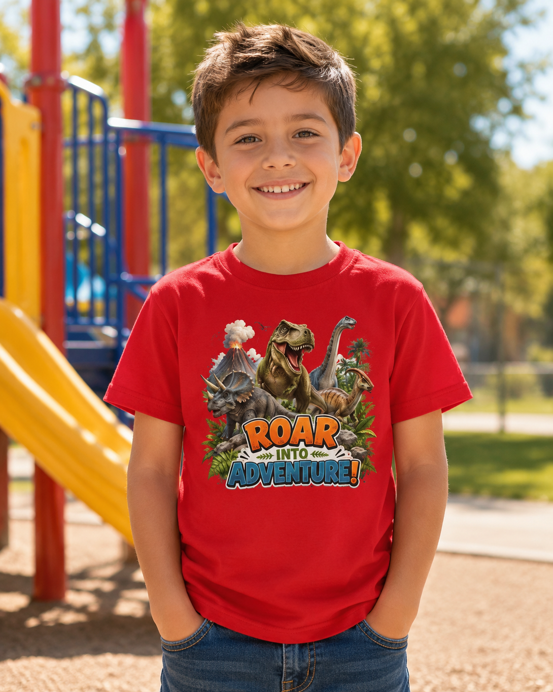 Kids Dinosaur Tee - "Roar Into Adventure" Graphic Shirt for Boys & Girls