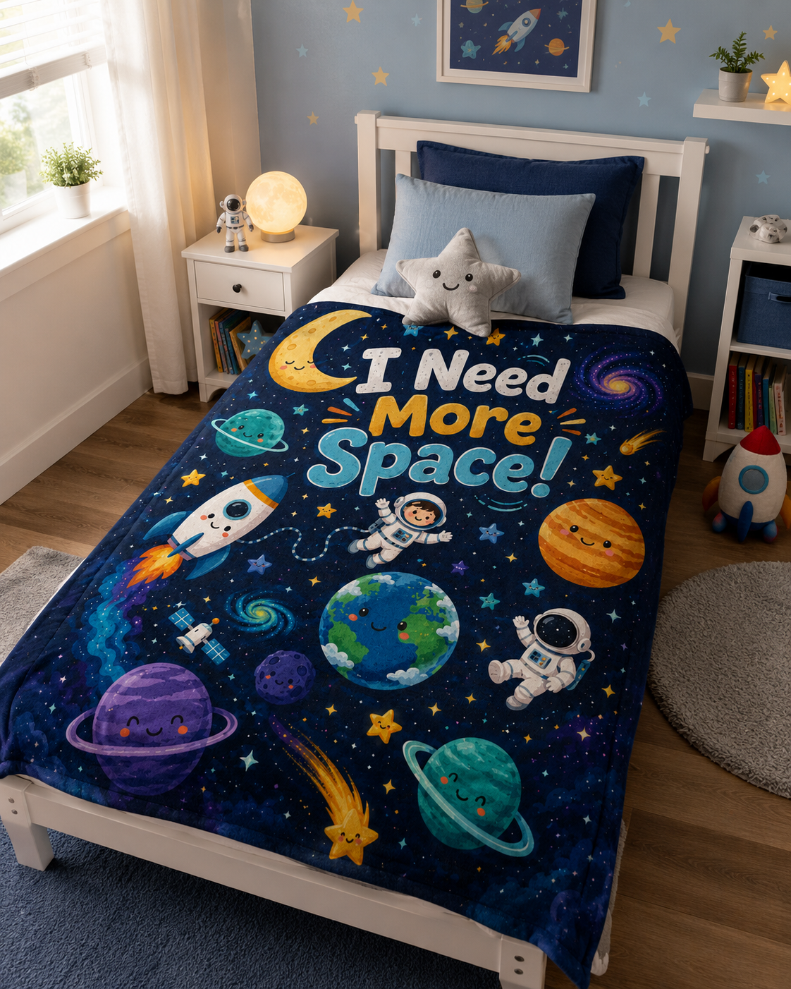 Space-Themed Throw Blanket - "I Need More Space!" Kids Astronaut Cozy Blanket