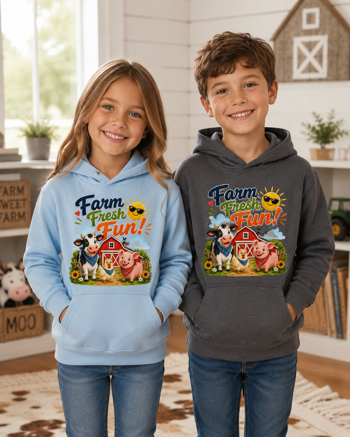 Farm Fresh Fun Kids Hoodie — Cute Cow & Pig Barnyard Design