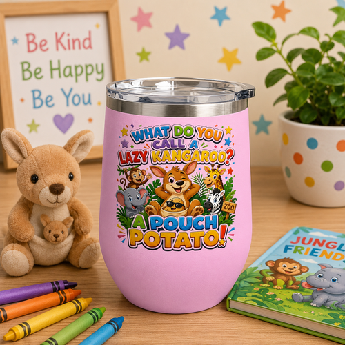 "What Do You Call a Lazy Kangaroo? A Pouch Potato!" Cute Animal Joke 12oz Insulated Tumbler
