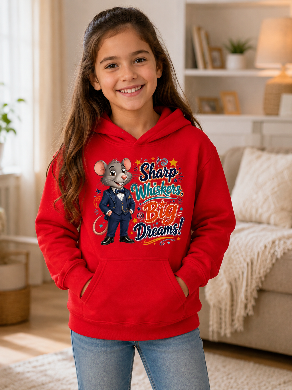 Kids Hoodie — Sharp Whiskers, Big Dreams! Cute Motivational Mouse Graphic Hoodie