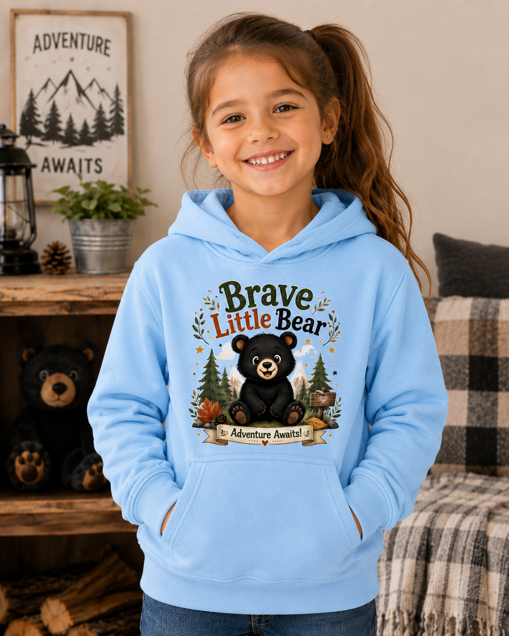 Brave Little Bear Kids Hoodie — 'Adventure Awaits' Woodland Bear Sweatshirt