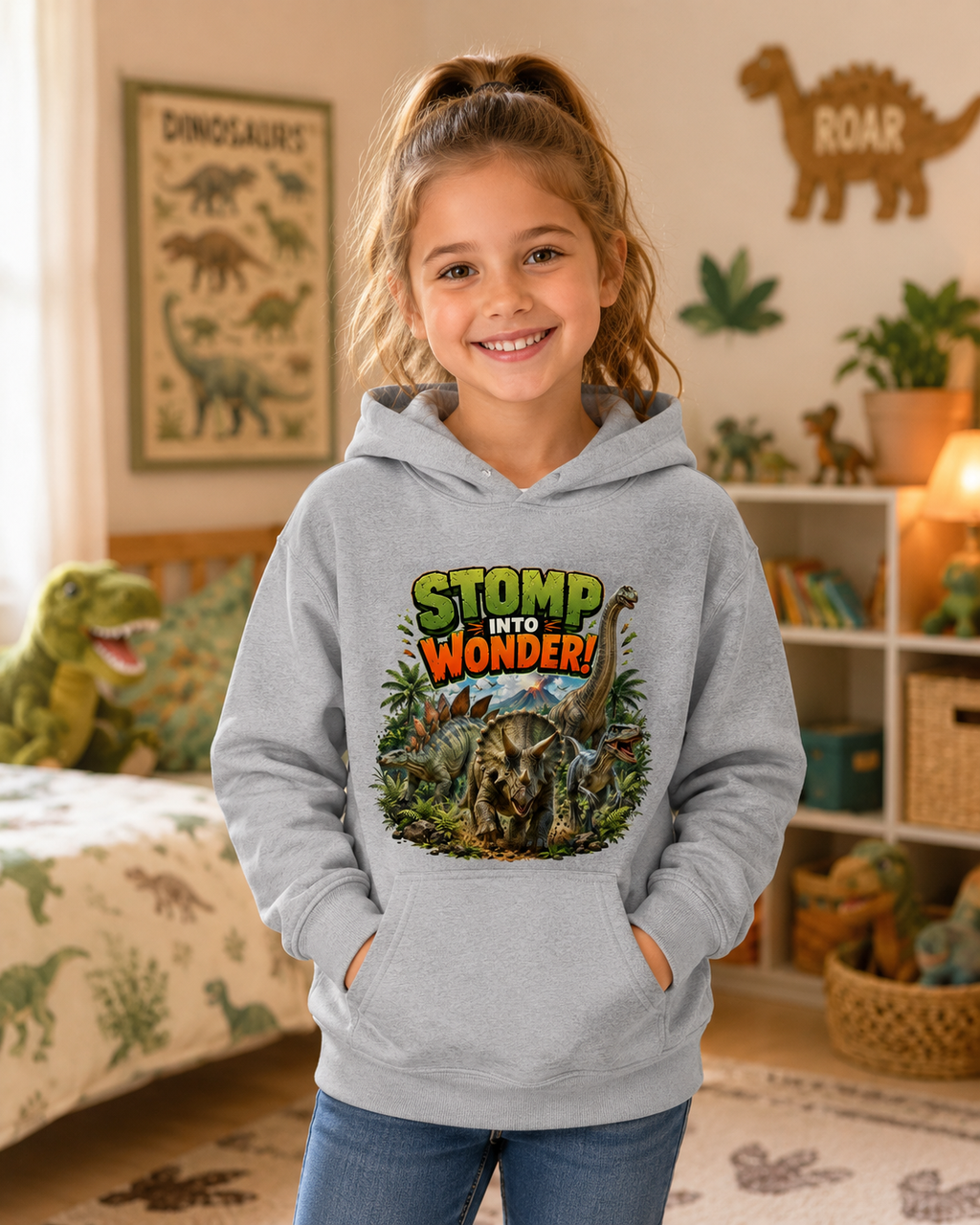 Kids Hoodie — "Stomp Into Wonder" Dinosaur Graphic Pullover