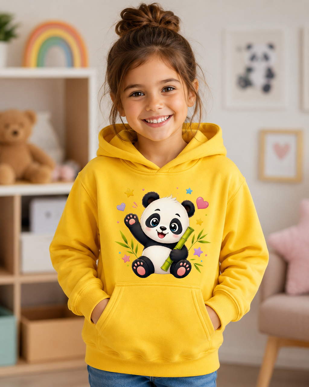 Kids Hoodie — Cute Smiling Panda with Bamboo & Hearts