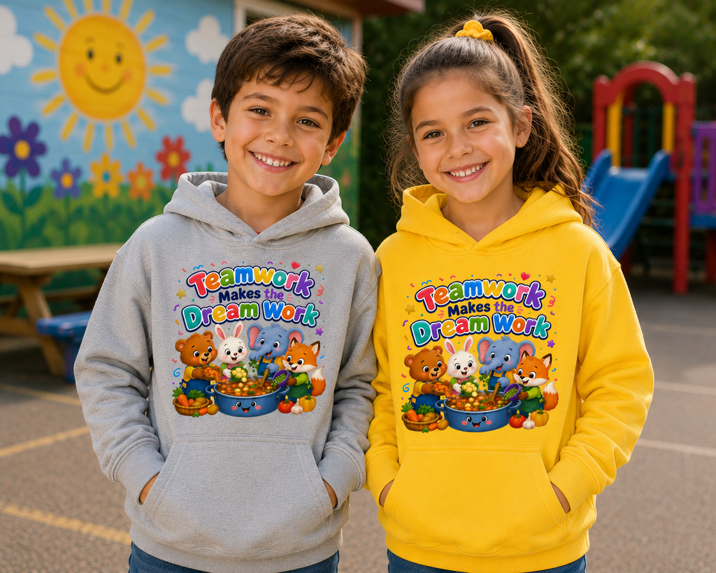 Kids Hoodie - "Teamwork Makes the Dream Work" Cute Animal Crew