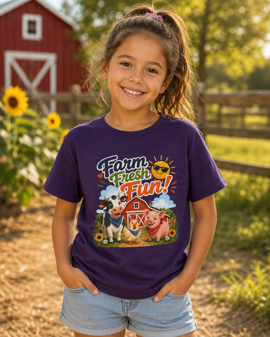Kids Farm T-Shirt — "Farm Fresh Fun!" Cute Cow & Pig Toddler Tee