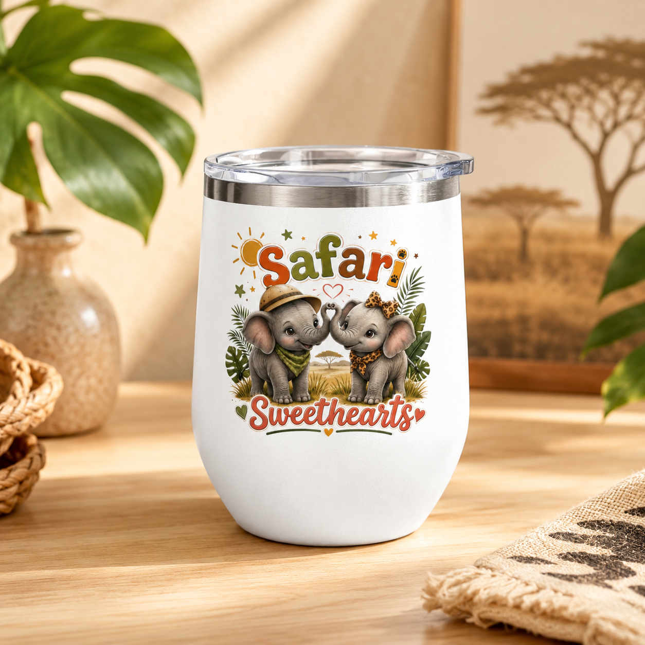 Safari Sweethearts Tumbler – 12oz Insulated Cute Elephant Couples Design