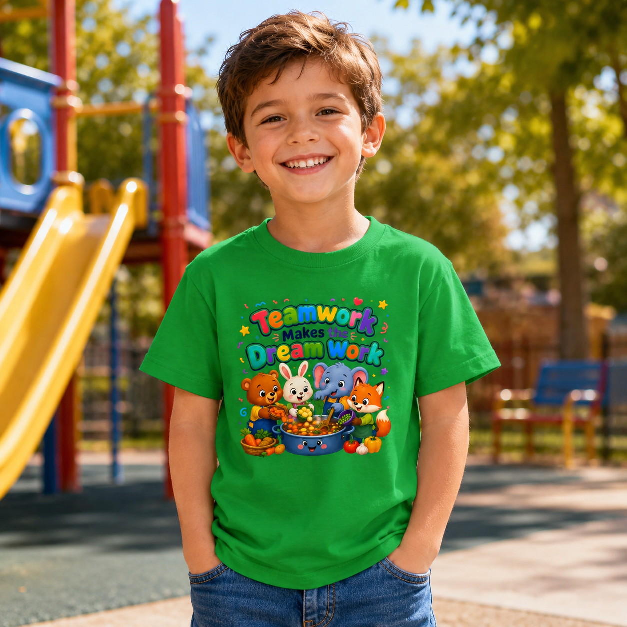 Kids Tee — “Teamwork Makes the Dream Work” Cute Animal Classroom Shirt