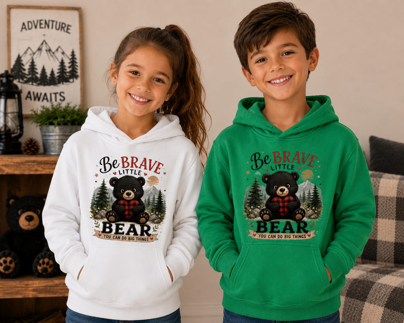 Be Brave Little Bear Kids Hoodie – Cute Woodland Bear Inspirational Sweatshirt for Boys & Girls
