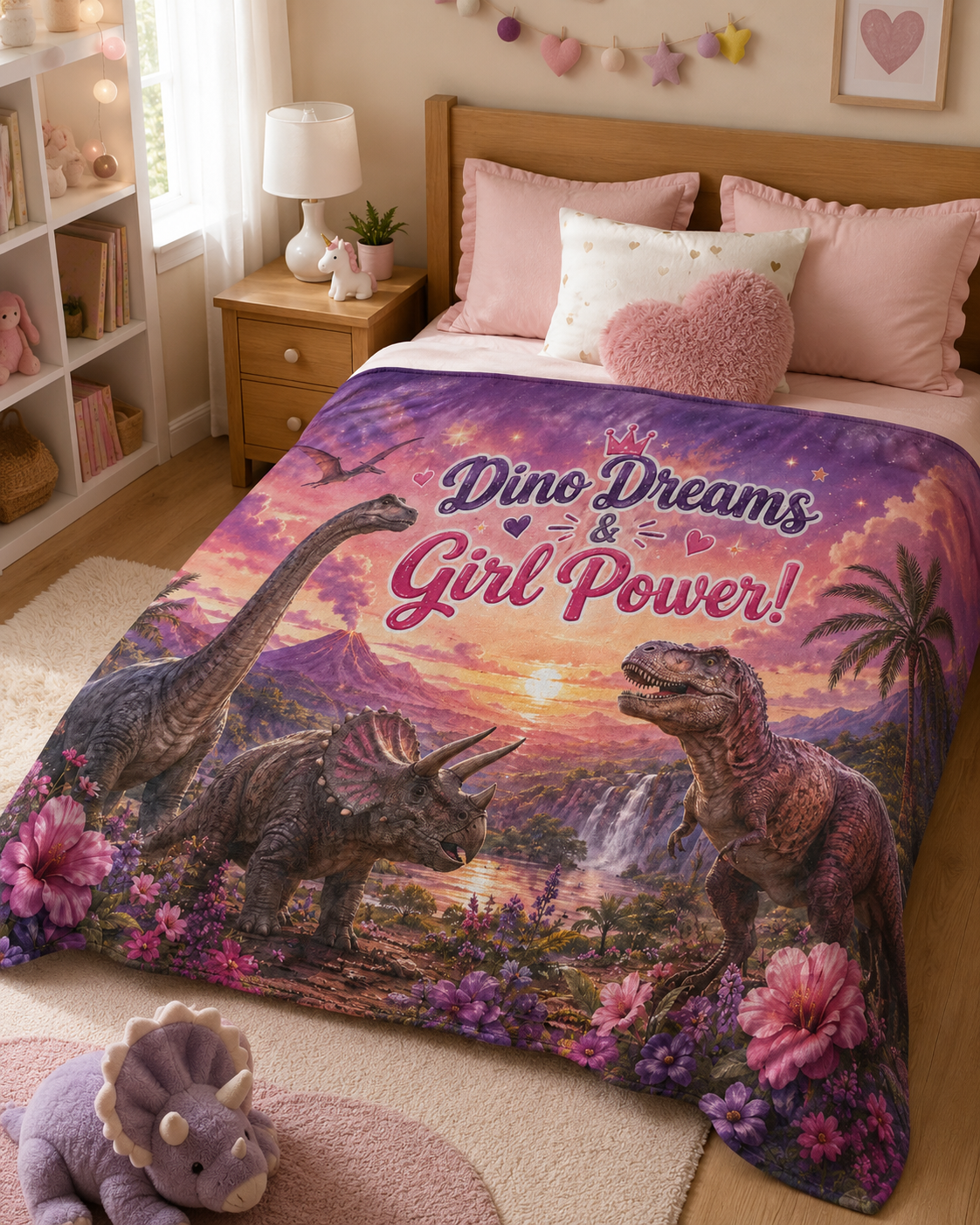 Dino Dreams & Girl Power! Polyester Blanket — Girls' Pink Dinosaur Throw