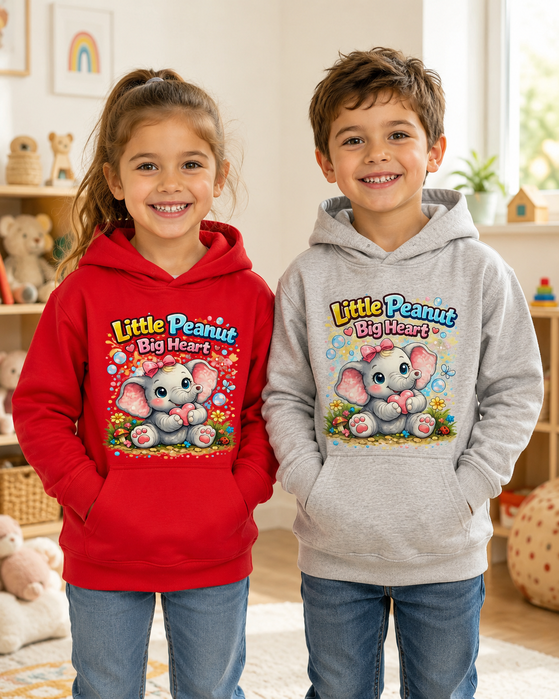 Kids Hoodie - "Little Peanut Big Heart" Cute Baby Elephant Graphic Pullover