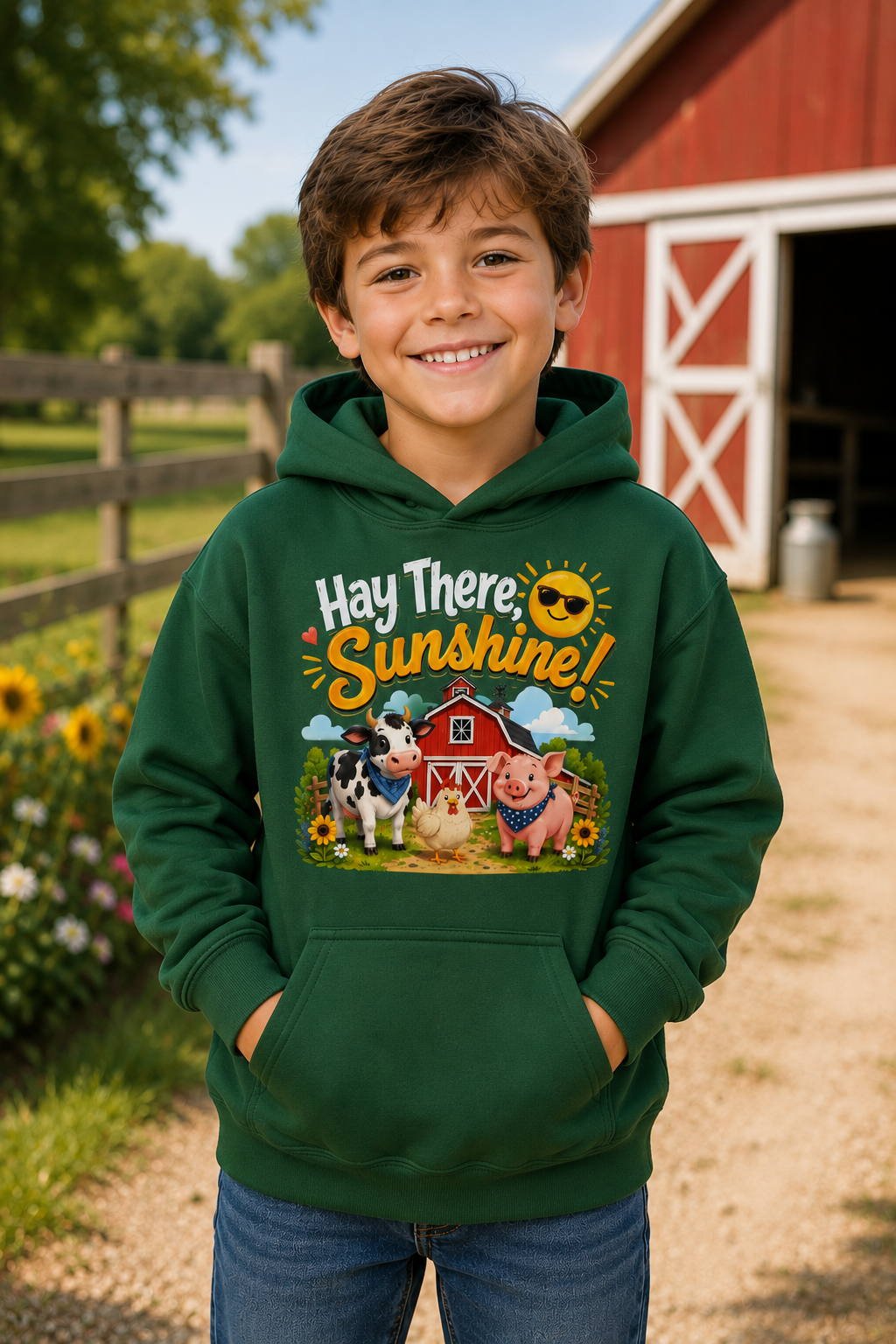 Hay There Sunshine! Kids Hoodie - Cute Farm Animals Barnyard Sweatshirt