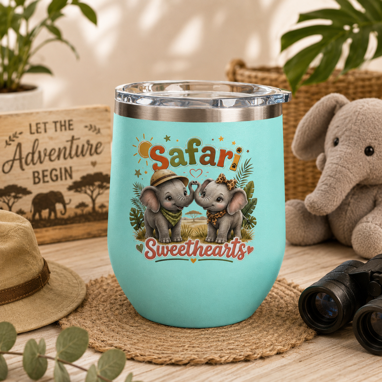 Safari Sweethearts Tumbler – 12oz Insulated Cute Elephant Couples Design