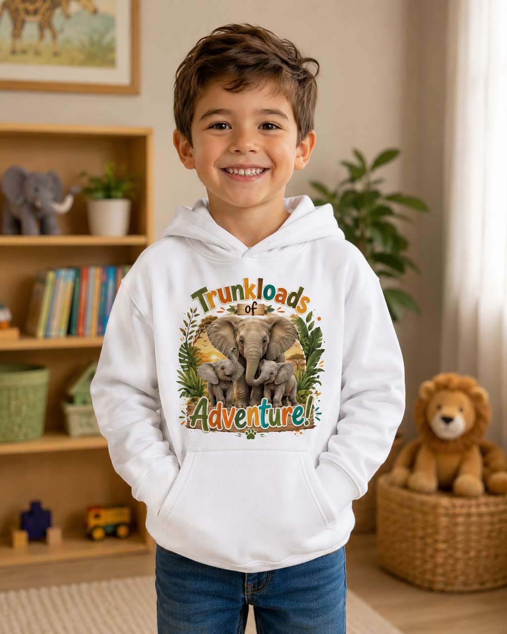 Kids Hoodie — "Trunkloads of Adventure" Elephant Graphic Hoodie for Children