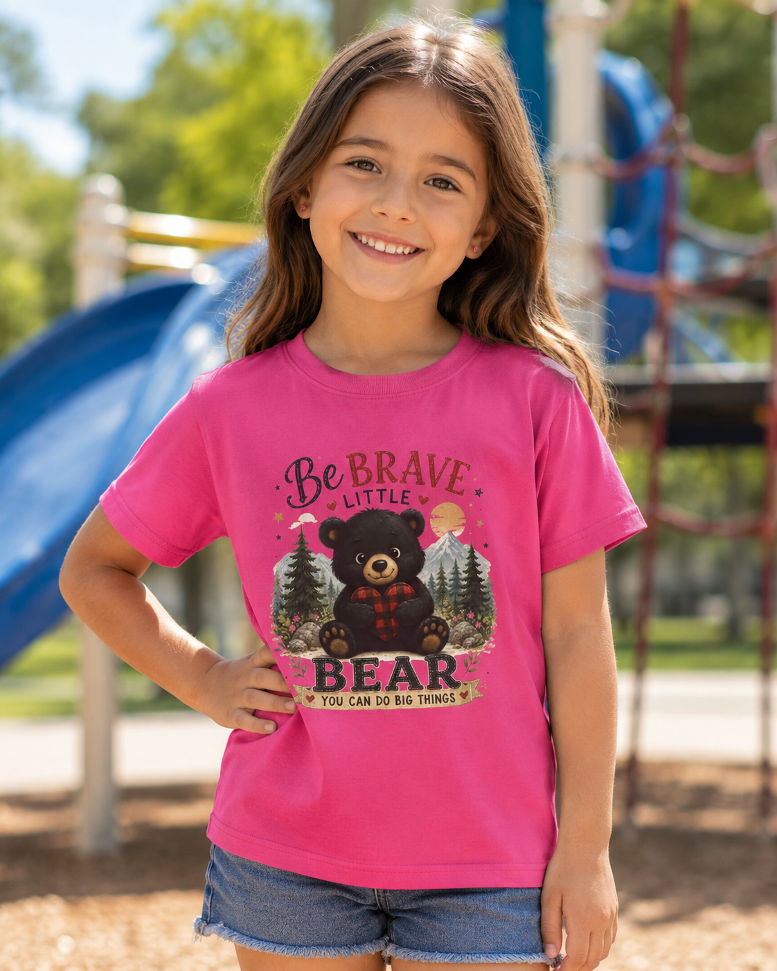 Kids T‑Shirt — "Be Brave Little Bear" Cute Woodland Bear Tee for Children, Inspirational Adventure Gift