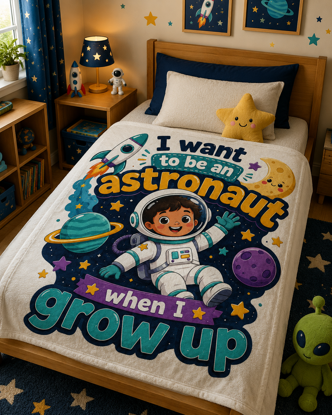 Astronaut Kids Blanket — "I Want to Be an Astronaut When I Grow Up" Plush Space Throw