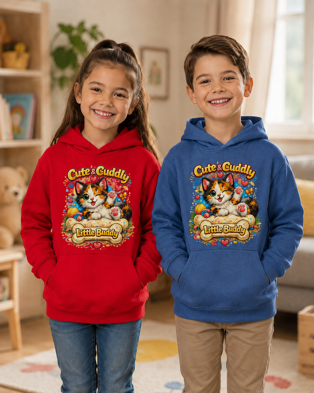 Cute & Cuddly Kitten Kids Hoodie — “Little Buddy” Graphic