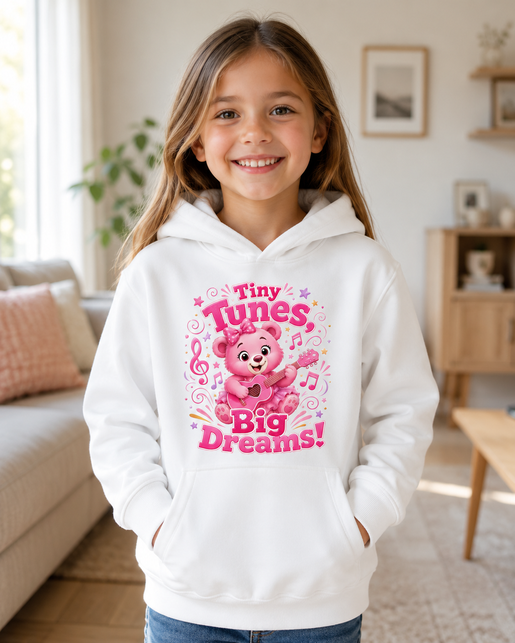 Kids Hoodie — "Tiny Tunes, Big Dreams" Pink Musical Bear Hoodie for Toddlers
