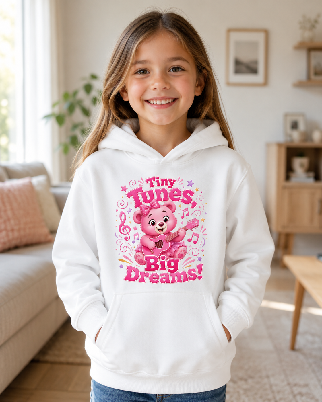 Kids Hoodie — "Tiny Tunes, Big Dreams" Pink Musical Bear Hoodie for Toddlers
