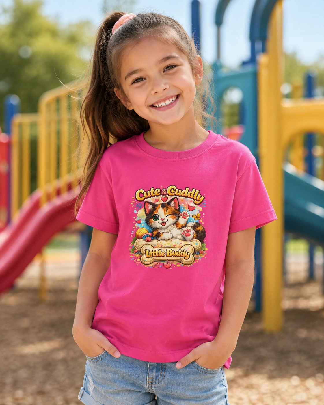 Kids T-Shirt — "Cute & Cuddly Little Buddy" Cat Graphic Tee