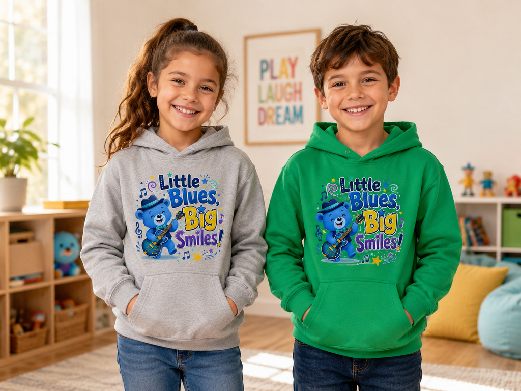 Kids Hoodie - "Little Blues, Big Smiles" Cute Blue Bear Guitar Hoodie for Toddlers