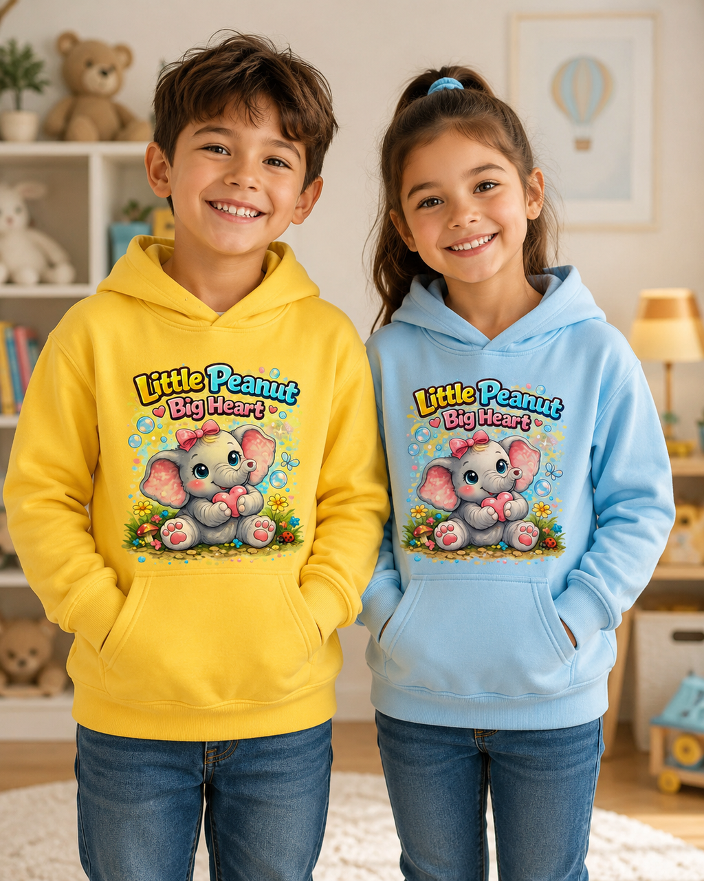 Kids Hoodie - "Little Peanut Big Heart" Cute Baby Elephant Graphic Pullover