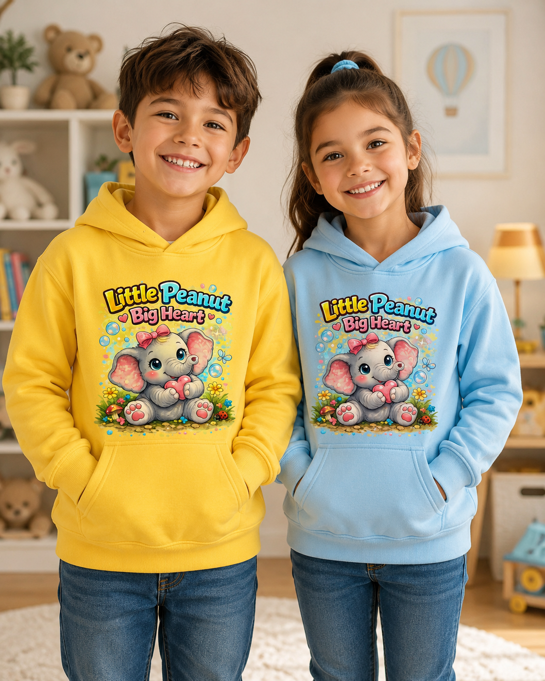 Kids Hoodie - "Little Peanut Big Heart" Cute Baby Elephant Graphic Pullover