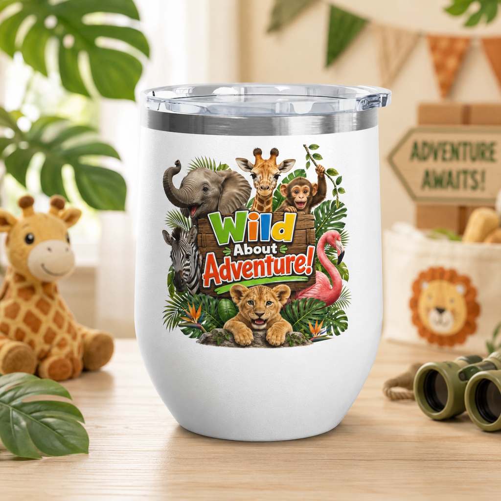 12oz Tumbler — "Wild About Adventure!" Safari Animal Travel Cup