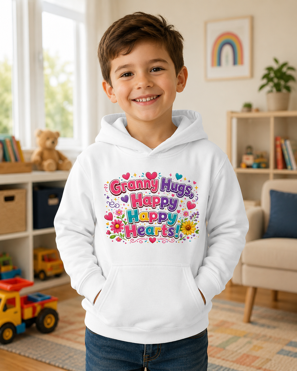 Granny Hugs Happy Happy Heart Kids Hoodie | Colorful Floral Heart Design