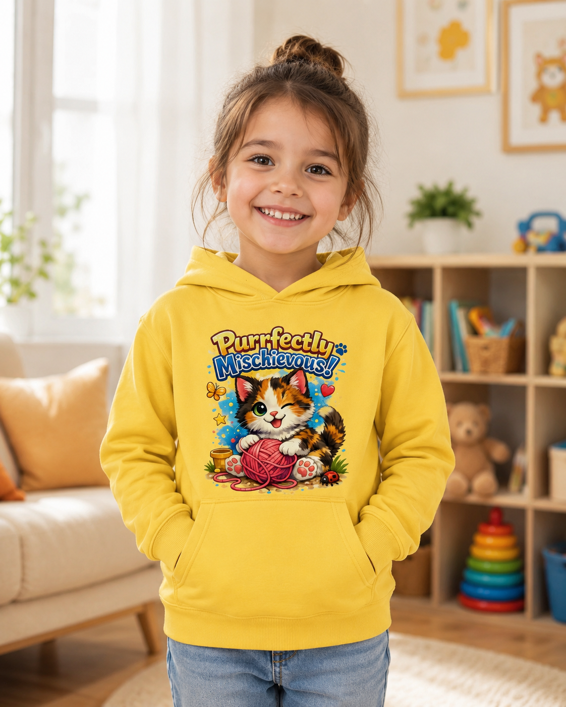 Kids Hoodie — "Purrfectly Mischievous" Cat Graphic Hoodie for Children