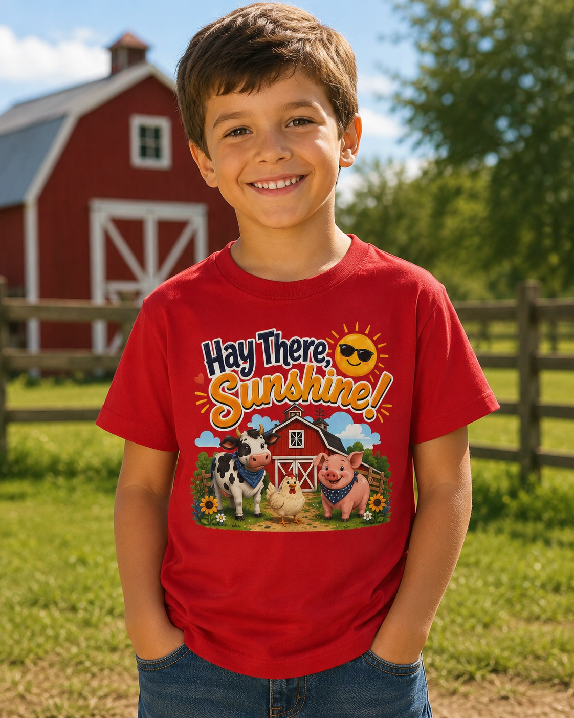 Kids Tee — "Hay There, Sunshine!" Farm Animal Graphic