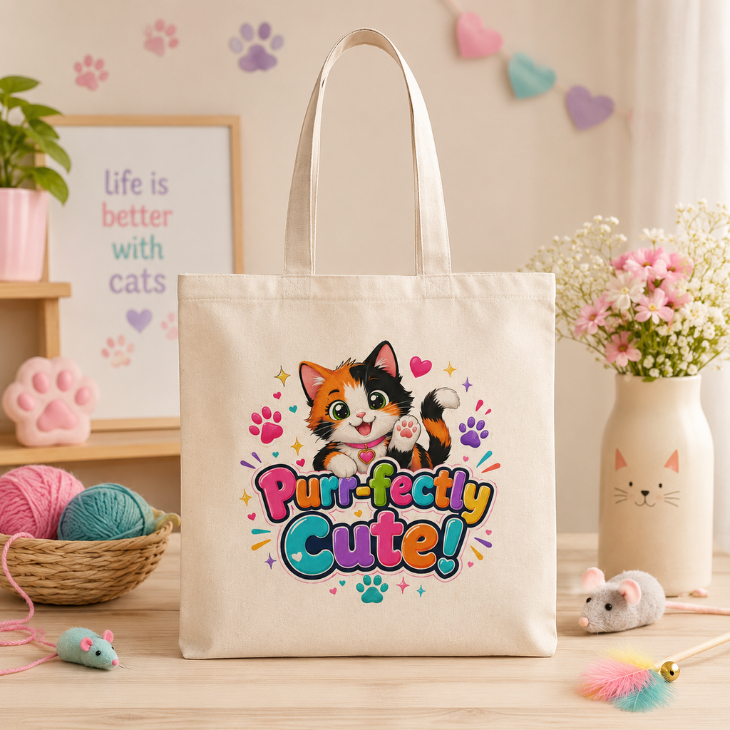 Purr-fectly Cute! Cat Canvas Tote Bag — Cute Calico Kitten Grocery & Gift Tote