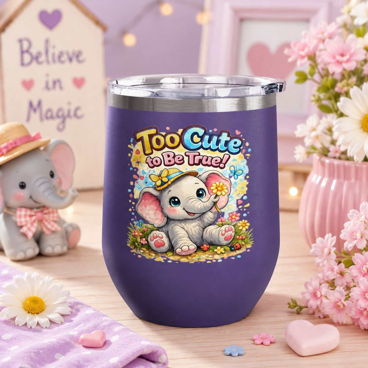 12oz Tumbler - "Too Cute to Be True" Baby Elephant Floral Design