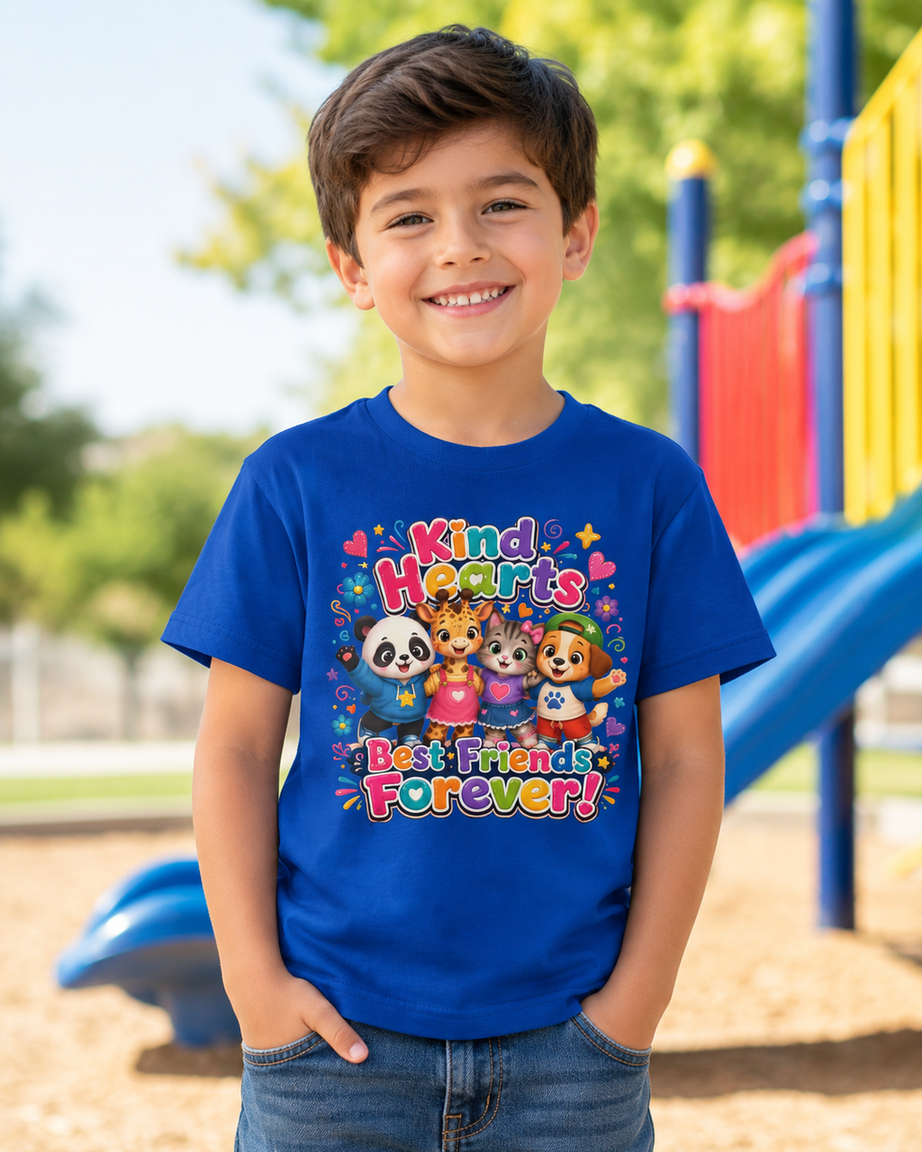 Kids Tee — "Kind Hearts Best Friends Forever" Colorful Cartoon Animals