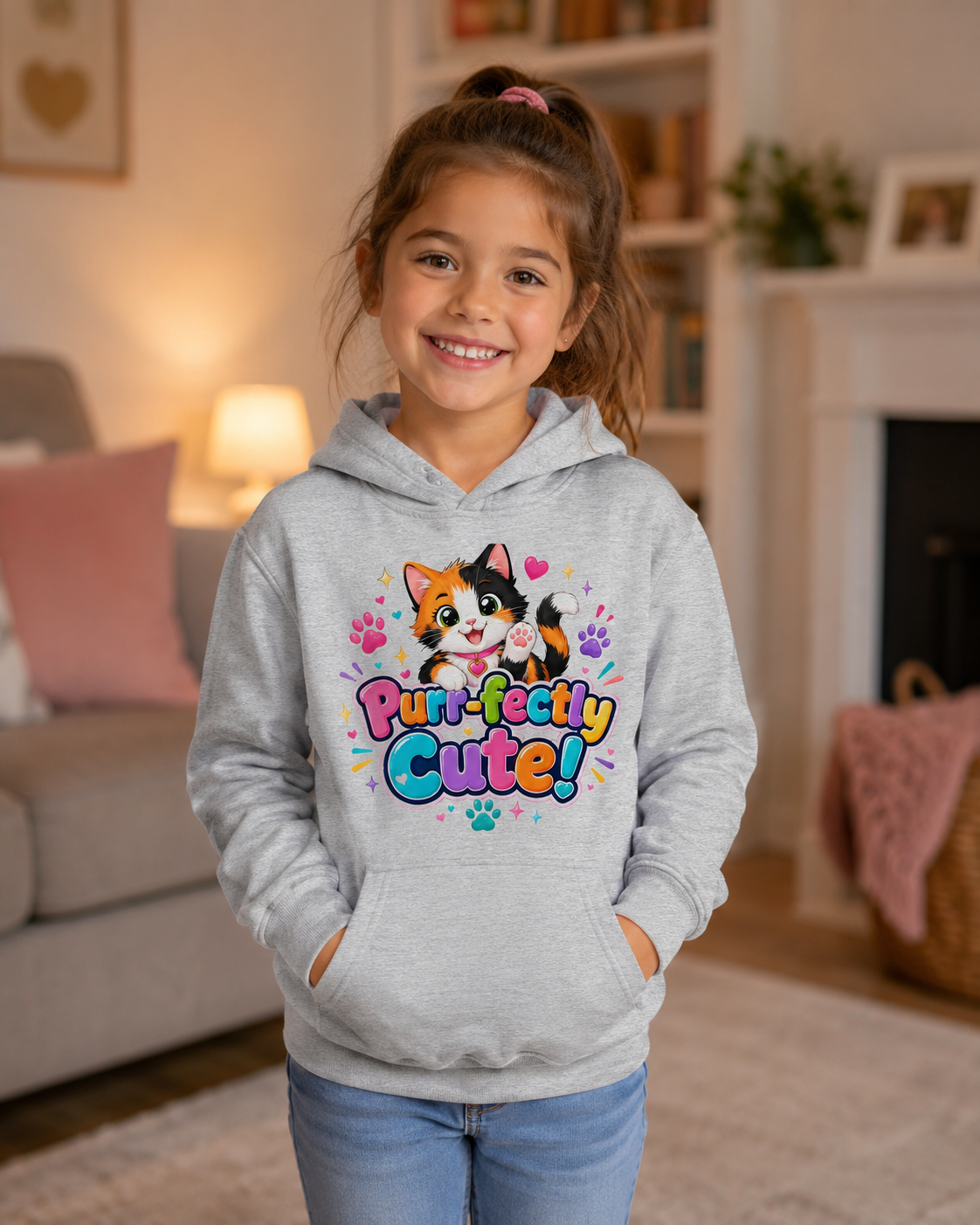 Kids Hoodie — "Purr-fectly Cute!" Cat Graphic Pullover for Children