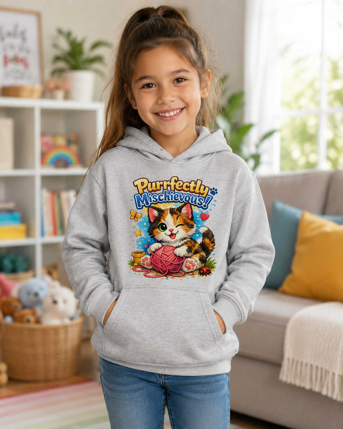 Kids Hoodie — "Purrfectly Mischievous" Cat Graphic Hoodie for Children