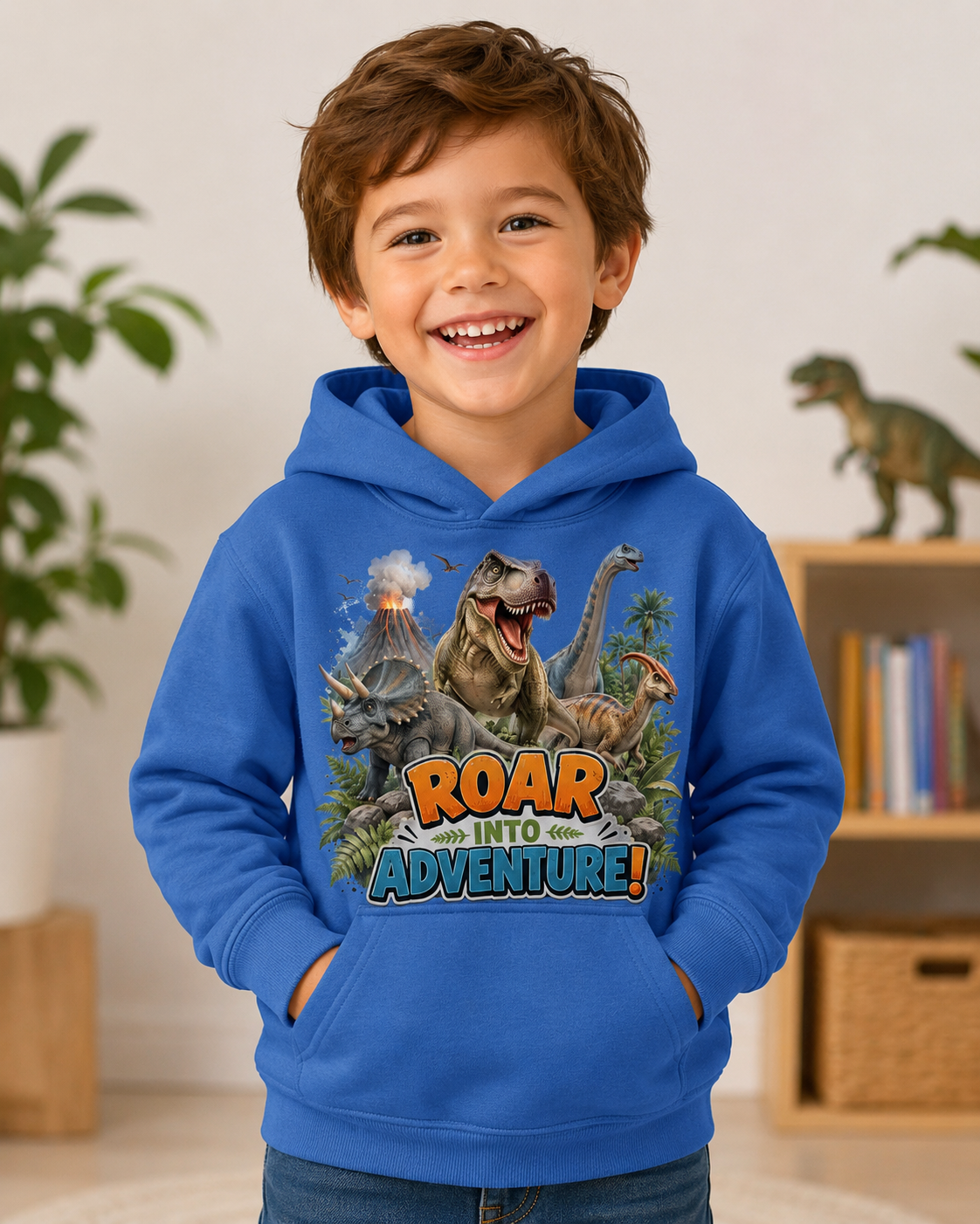 Kids Hoodie - "Roar Into Adventure" Dinosaur Hoodie for Boys & Girls, T‑Rex Graphic Pullover
