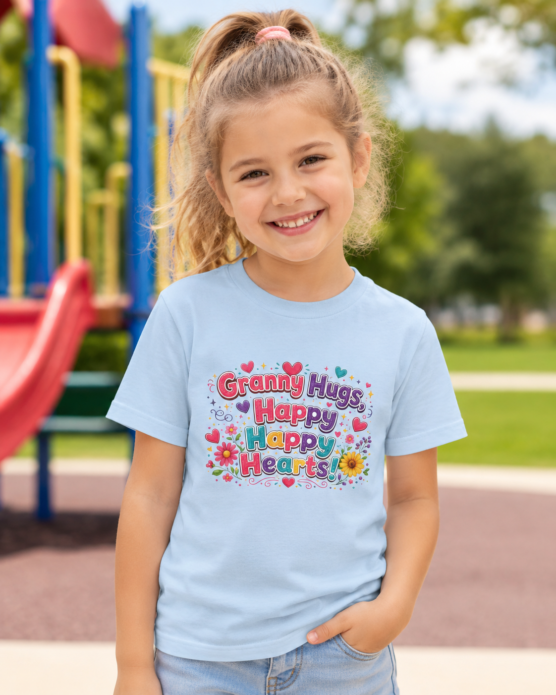 Granny Hugs Happy Hearts Kids Tee | Colorful Floral Kids Shirt