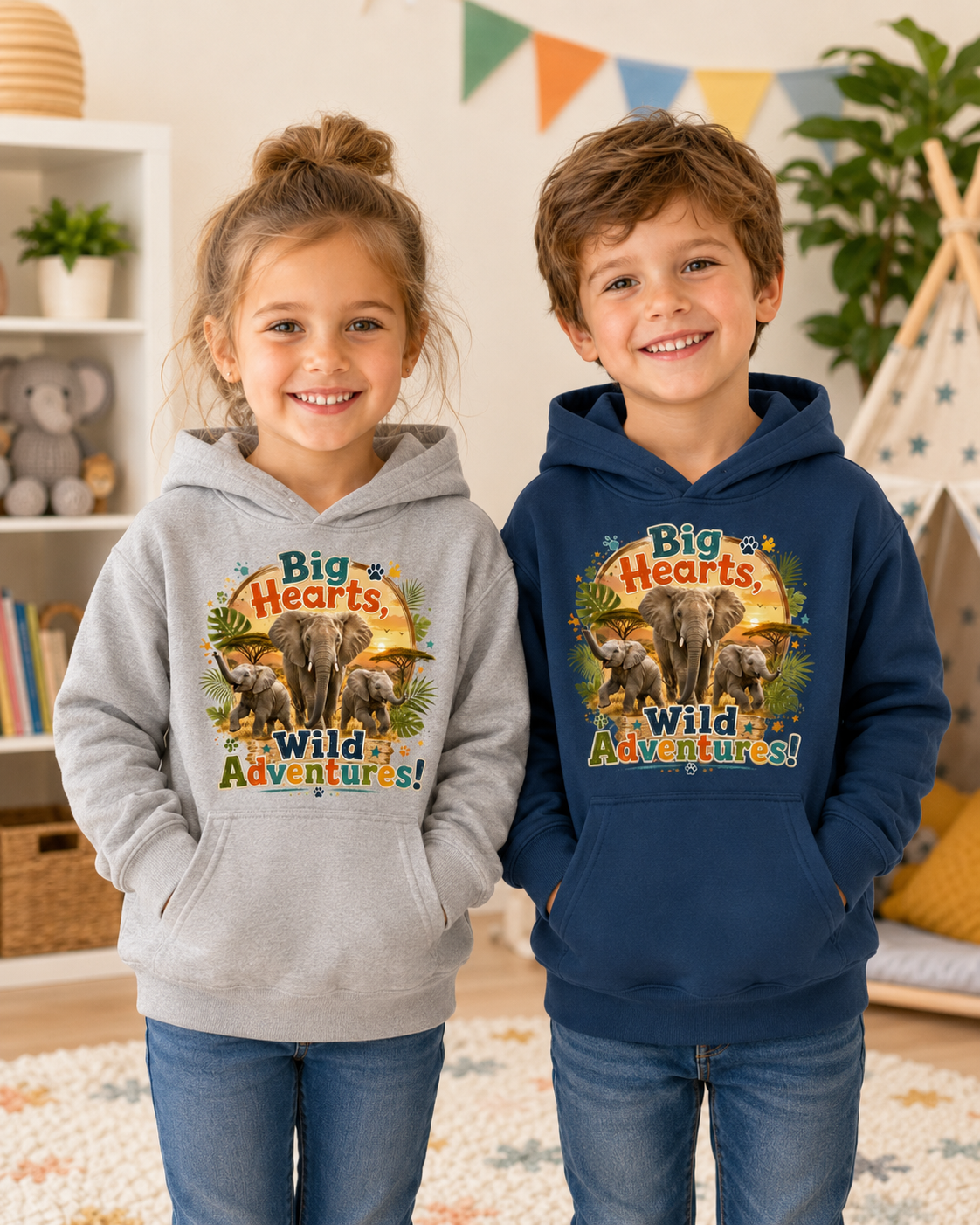 Kids Hoodie — "Big Hearts, Wild Adventures!" Elephant Safari Graphic