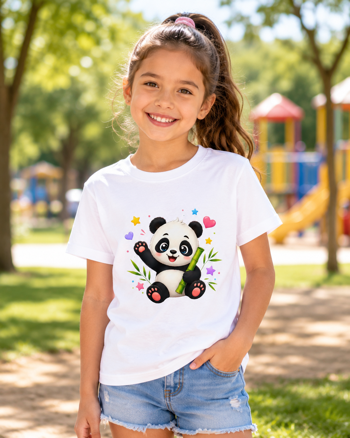 Cute Panda Kids T‑Shirt — Smiling Baby Panda with Hearts & Bamboo