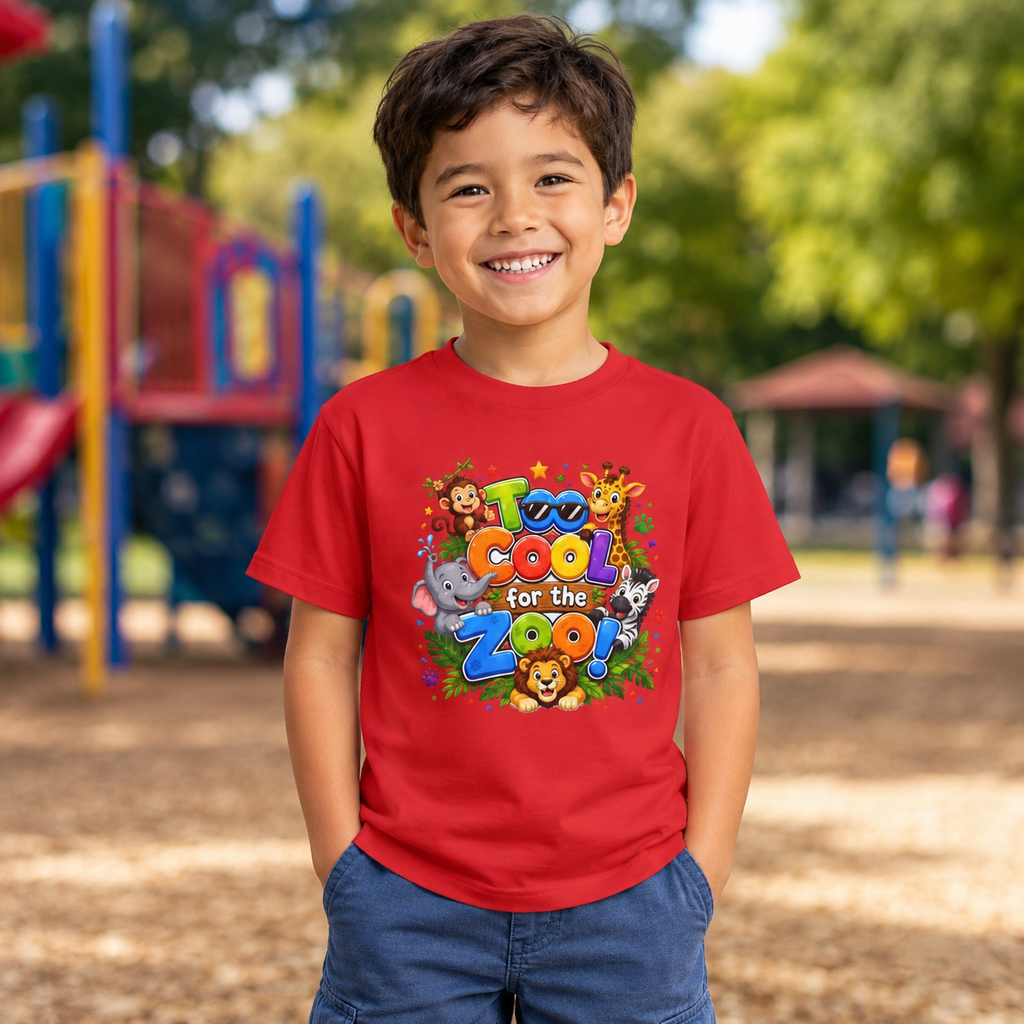 Kids Tee — "Too Cool for the Zoo" Colorful Animal Graphic