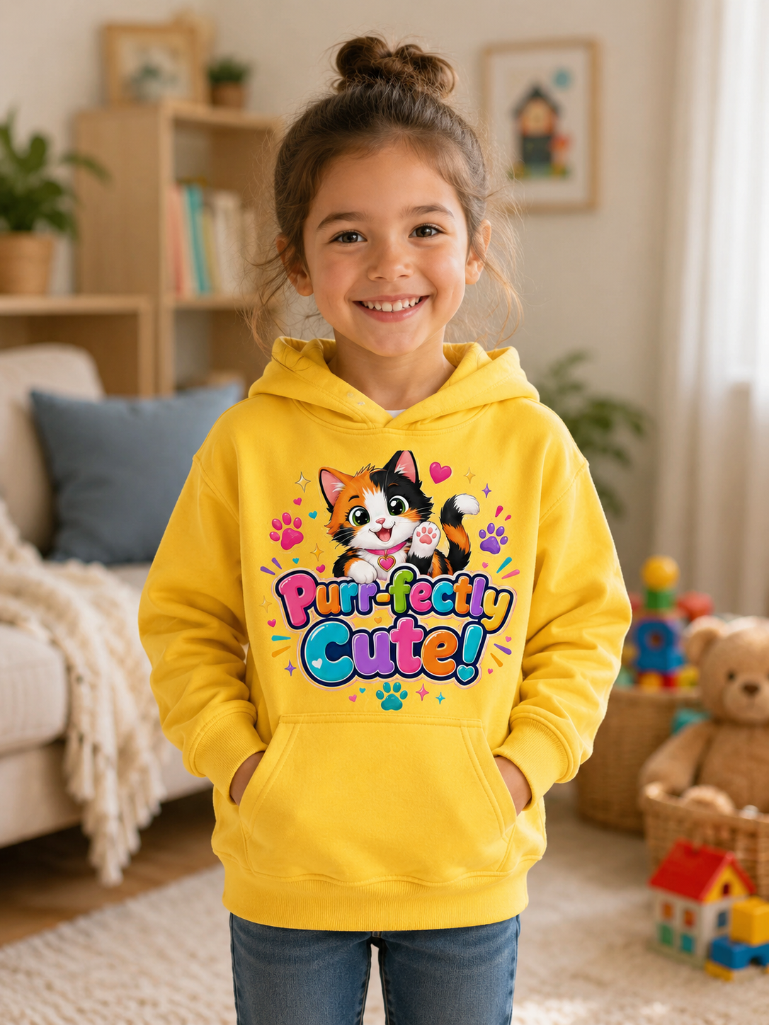 Kids Hoodie — "Purr-fectly Cute!" Cat Graphic Pullover for Children