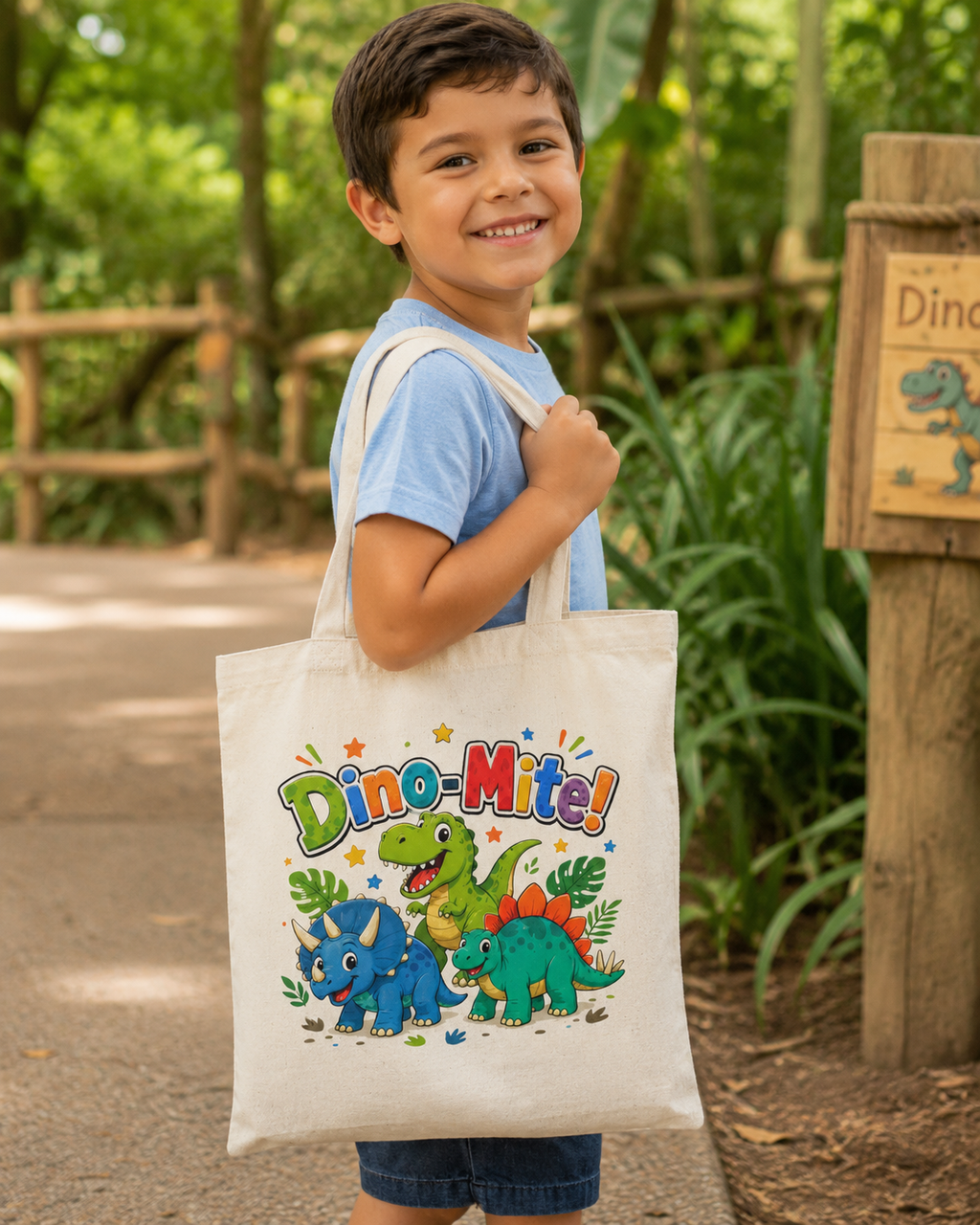 Dino-Mite! Cute Kids Dinosaur Tote Bag — Canvas Natural Grocery & School Bag
