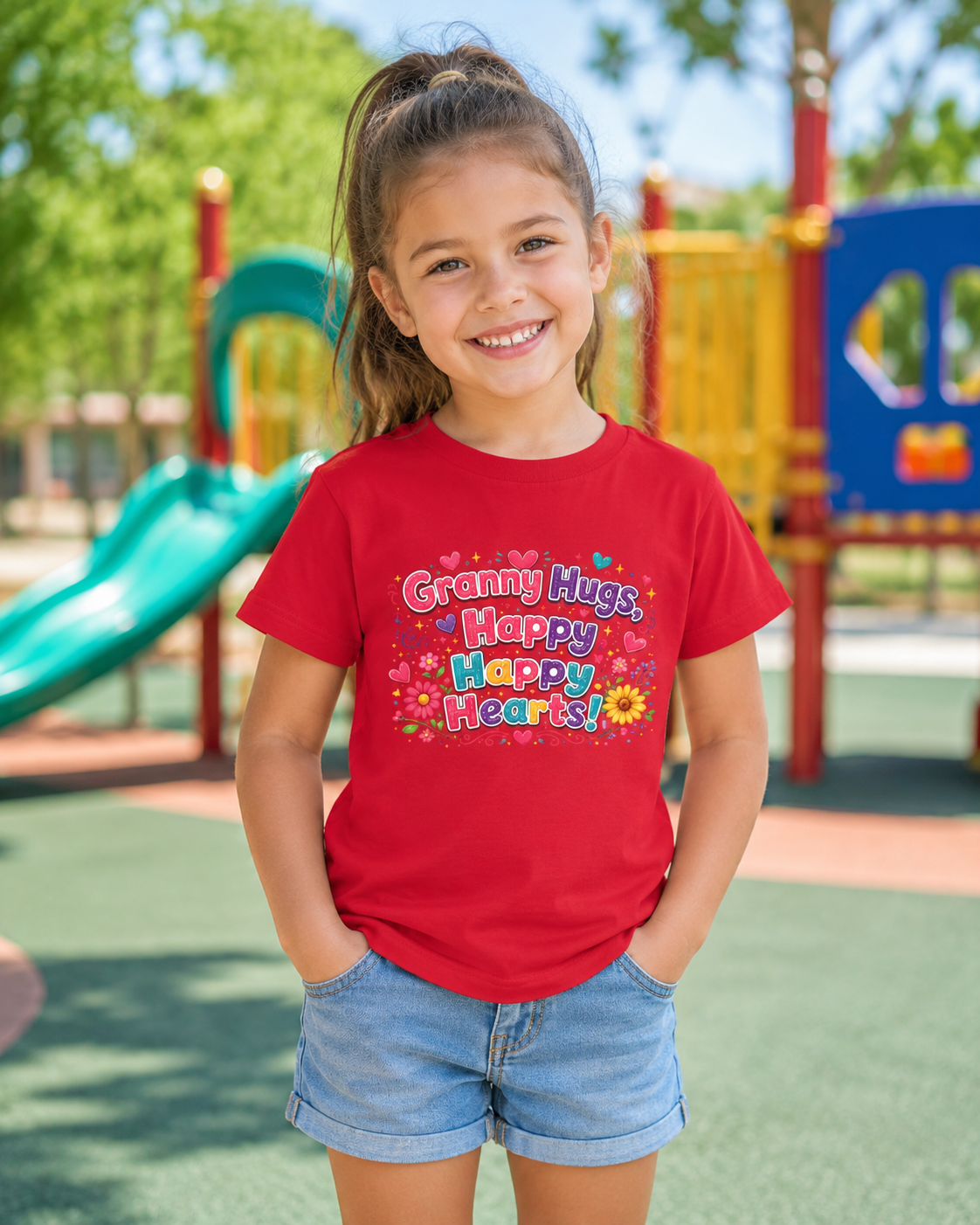 Granny Hugs Happy Hearts Kids Tee | Colorful Floral Kids Shirt