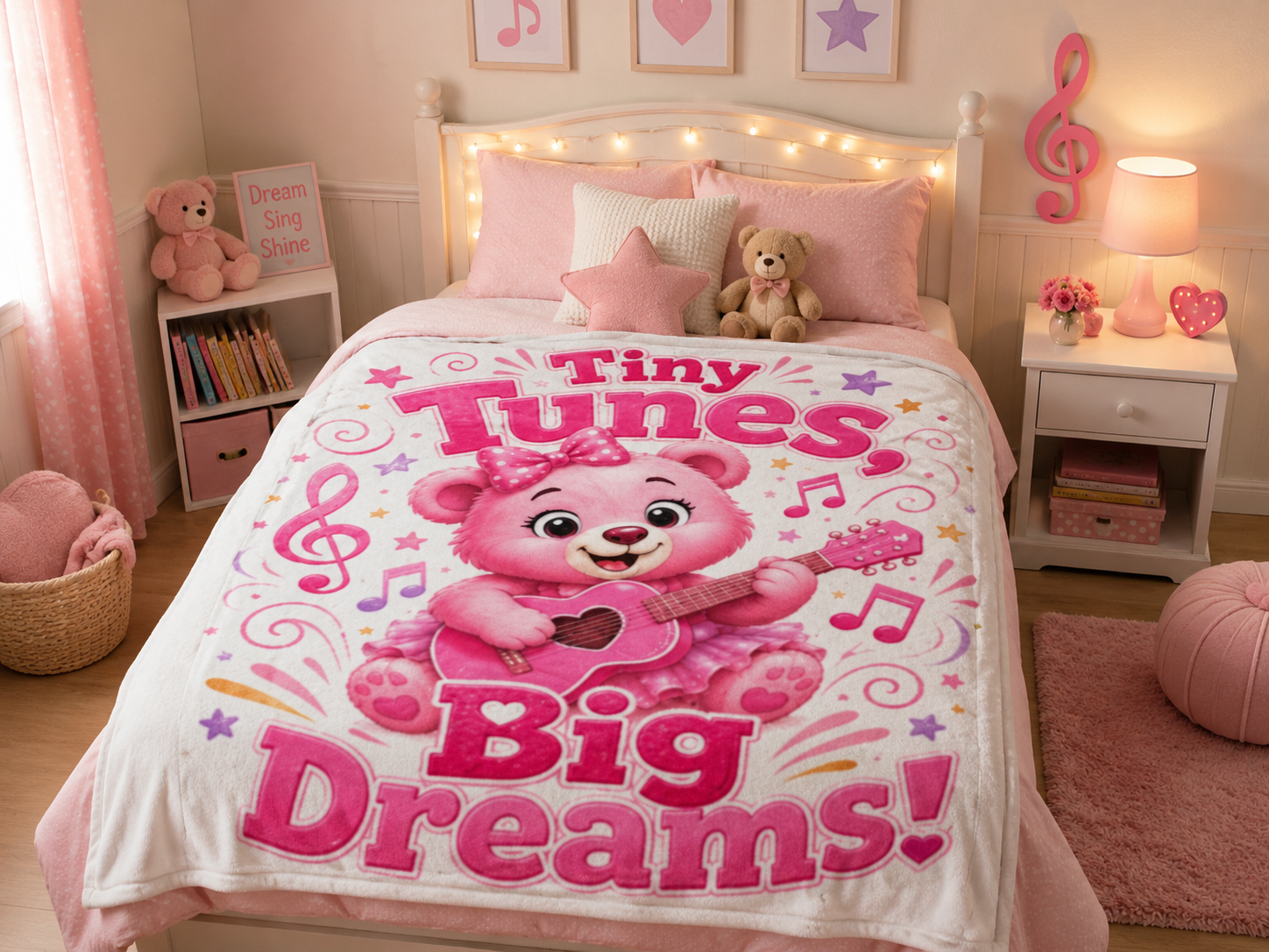 Plush Baby Blanket — "Tiny Tunes, Big Dreams!" Pink Teddy Guitar Throw