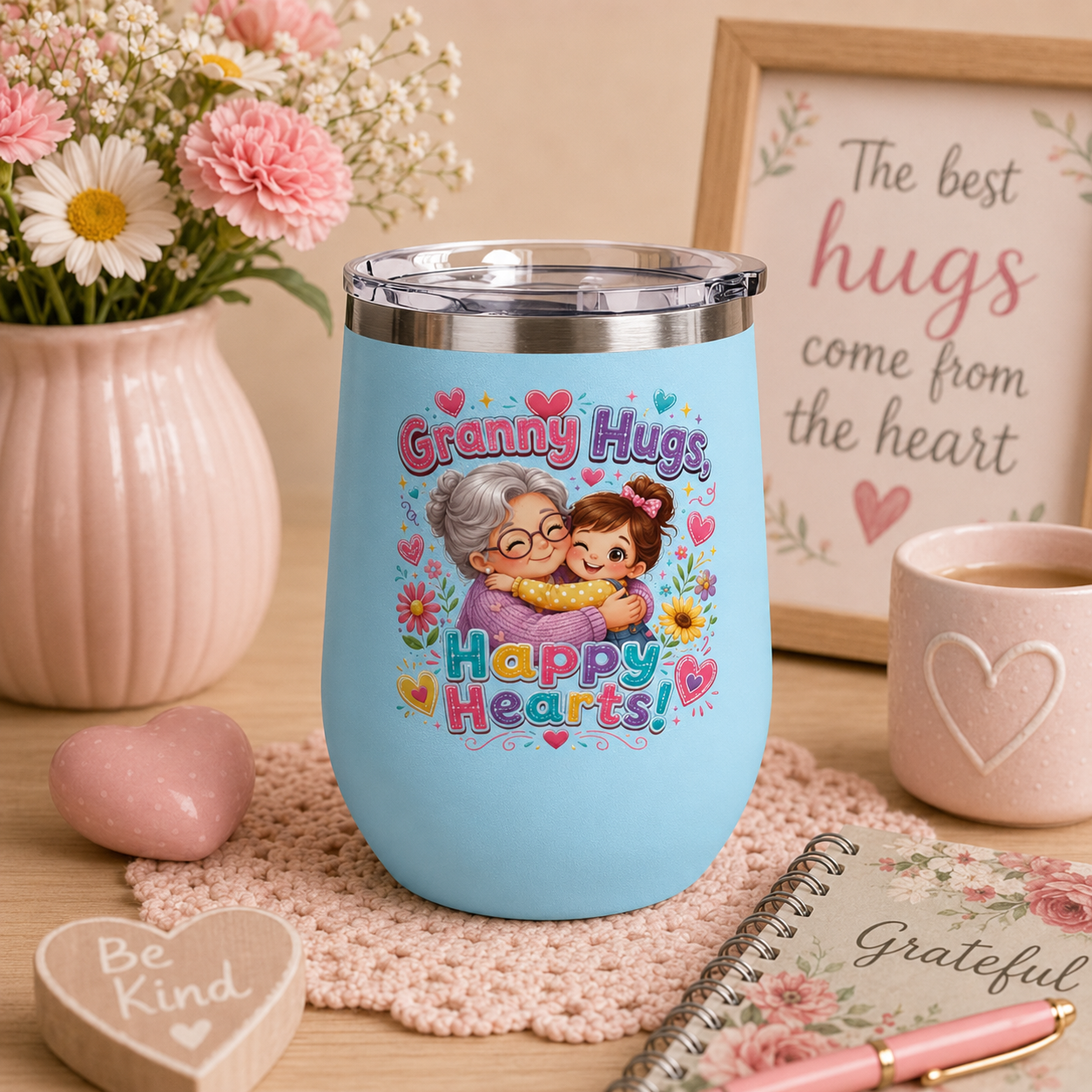 Granny Hugs Happy Hearts 12oz Tumbler — Cute Grandma & Grandchild Gift